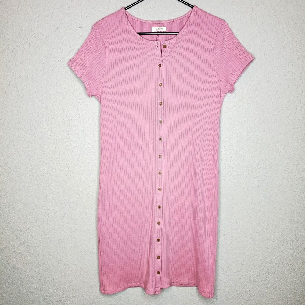 Madewell Women's Rib Knit Short Sleeve Button Front Shirt Dress, Pink Size Large